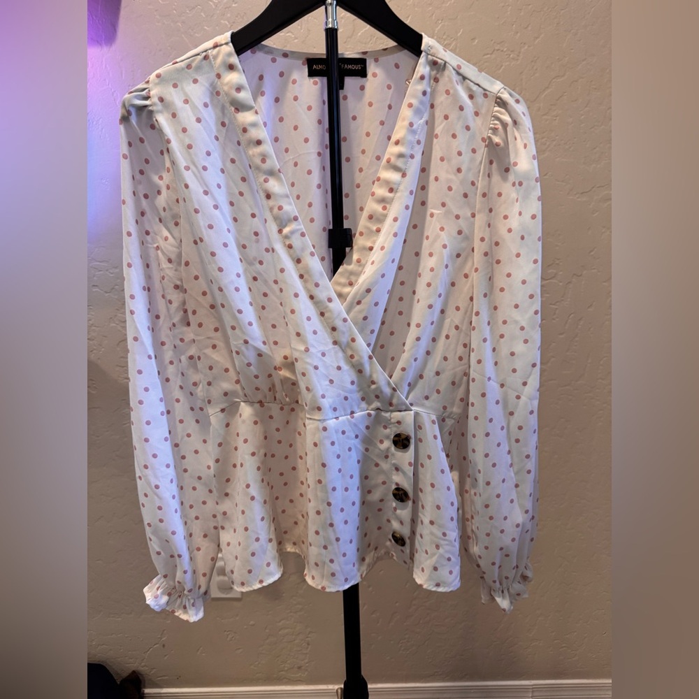 Almost Famous White Wrap Blouse with Pink Polka Dots
